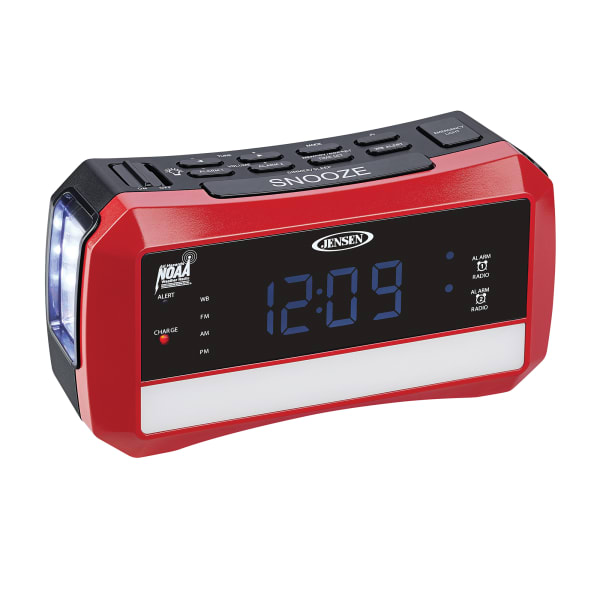 Jensen Digital AM/FM Weather Alarm Clock Radio With Weather Alert, Emergency Light And Flashlight, 3.54inH x 6.5inW x 2.36inD, Red