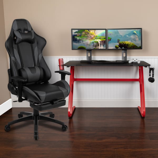 Flash Furniture Gaming Desk And Reclining Chair Set With Cup Holder And Headphone Hook, Gray
