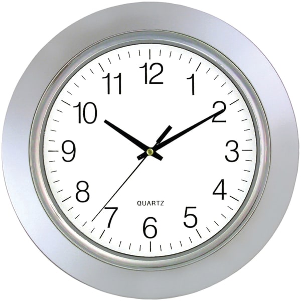 Timekeeper 13in Round Clock Silver Frame Chrome Bezel w/ Flat Glass Lens, Silver/White - Analog - Quartz - Silver, White, Chrome Case