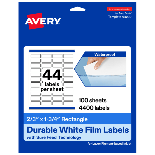 Avery Waterproof Permanent Labels With Sure Feed, 94209-WMF100, Rectangle, 2/3in x 1-3/4in, White, Pack Of 4,400