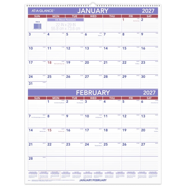AT-A-GLANCE 2027 Two Month Wall Calendar, Large, 22in x 29in