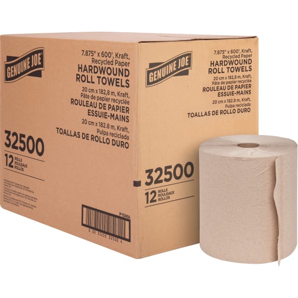 Genuine Joe Embossed Hardwound Roll Towels - 7.88in Width x 600 ft Length - 2in Core - Embossed Design - Brown - 12 / Carton