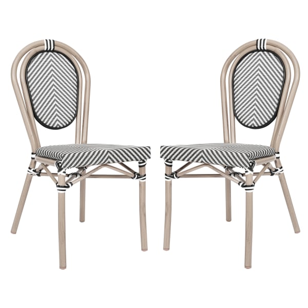 Flash Furniture 2 Pack Marseille Indoor/Outdoor Commercial Thonet Bistro Stacking Chair, Textilene and Bamboo Print Aluminum Frame, Black & White/Light Natural Frame