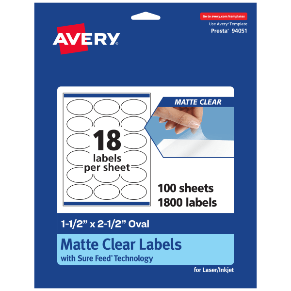 Avery Permanent Labels With Sure Feed, 94051-CMF100, Oval, 1-1/2in x 2-1/2in, Matte Clear, Pack Of 1,800