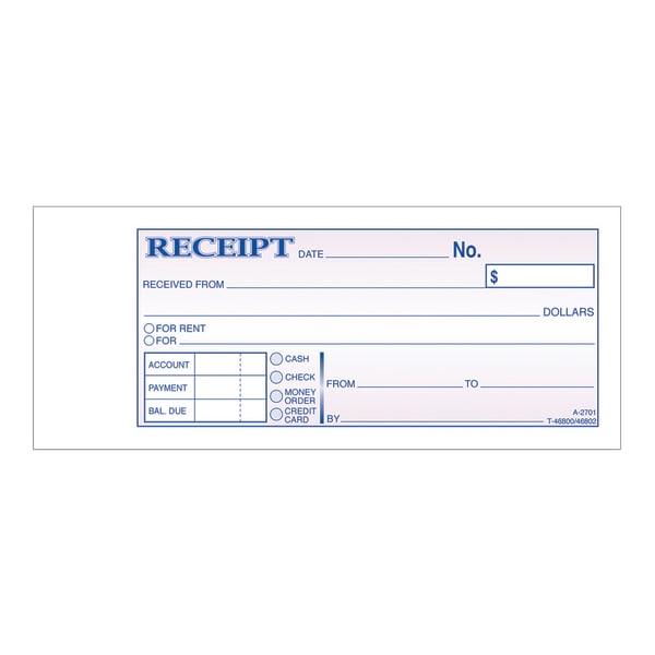 Adams Money/Rent Receipt Books, 7 3/16in x 2 3/4in, 3-Part, Carbonless, 50 Set Book
