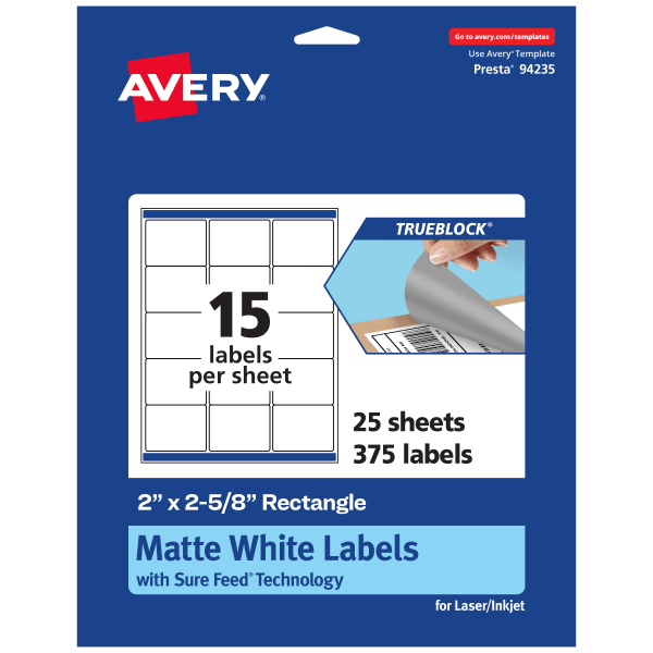 Avery TrueBlock Labels With Sure Feed, 94235-TWMP25, Rectangle, 2in x 2-5/8in, Matte White, Pack Of 375