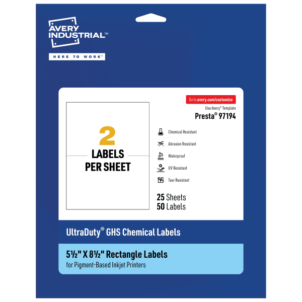 Avery Ultra Duty Permanent GHS Chemical Labels, 97194-WMUI25, Rectangle, 5-1/2in x 8-1/2in, White, Pack Of 50