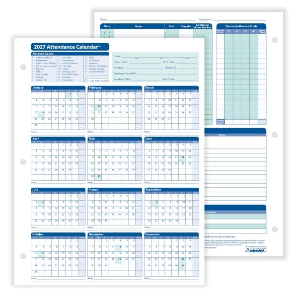 ComplyRight 2025 Attendance Calendar Cards, 8 1/2in x 11in, White, Pack Of 50