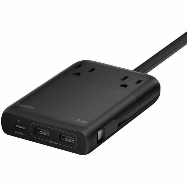 Belkin 2-Outlet Charging Station w/ 2x USB-A, 1x USB-C Ports + Tethered USB-C Cable 70W - 5ft Cord - Black - 70 W - 4.92 ft Cable