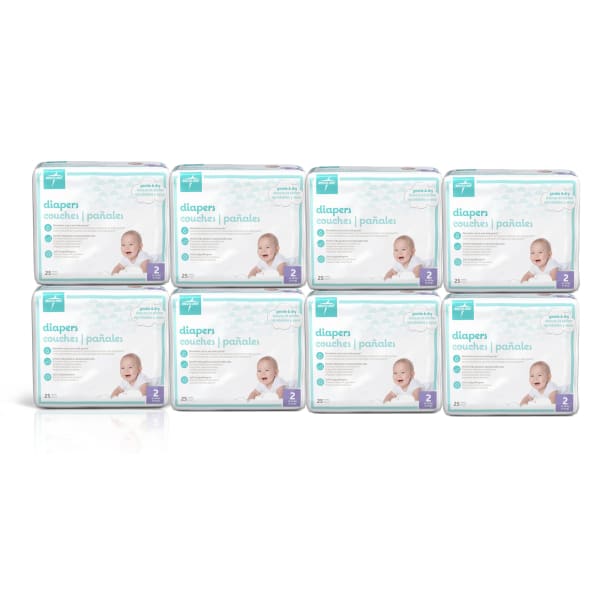 Medline KinderCare Disposable Baby Diapers, Size 2, 12-18 Lb, White, 25 Diapers Per Pack, Case Of 8 Packs