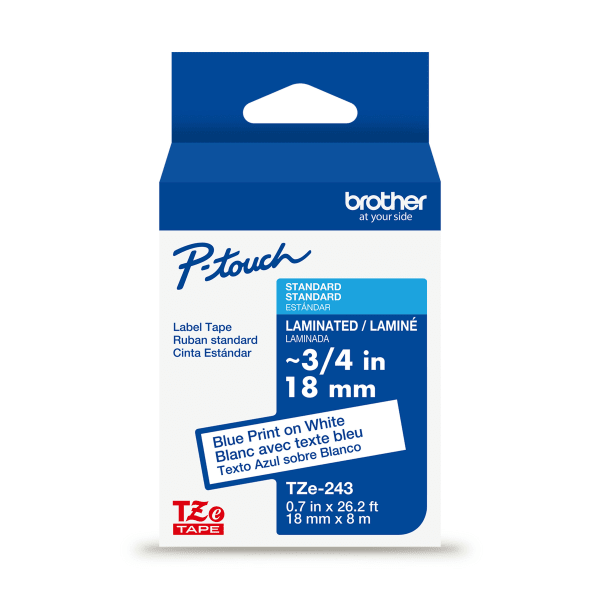 Brother P-touch TZe-243, Laminated, 3/4in x 26.2 ft (18mm x 8m), Blue on White Label Tape