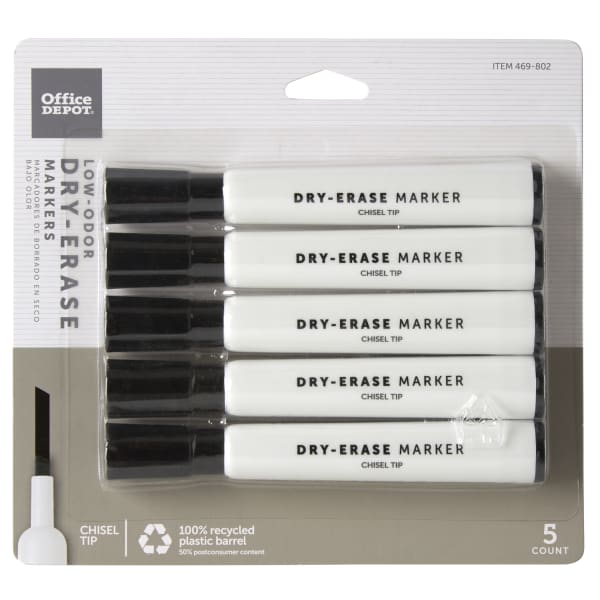 Office Depot Brand Low-Odor Dry-Erase Markers, Chisel Point, 100% Recycled Plastic Barrel, Black, Pack Of 5