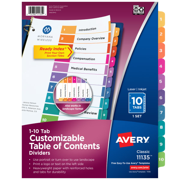 Avery Ready Index 1-10 Tab Binder Dividers With Customizable Table Of Contents, 8-1/2in x 11in, 10 Tab, White/Multicolor, 1 Set