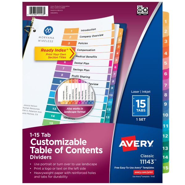 Avery Ready Index 1-15 Tab Binder Dividers With Customizable Table Of Contents, 8-1/2in x 11in, 15 Tab, White/Multicolor, 1 Set