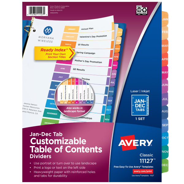 Avery Ready Index Jan-Dec Tab With Customizable Table Of Contents Binder Dividers, 8-1/2in x 11in, 12 Tab, Multicolor, 1 Set