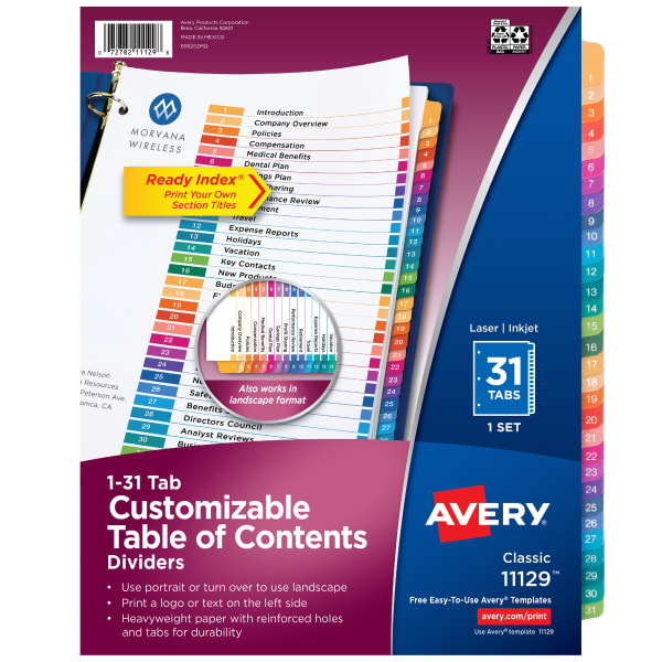 Avery Ready Index 1-31 Tab Binder Dividers With Customizable Table Of Contents, 8-1/2in x 11in, 31 Tab, White/Multicolor, 1 Set