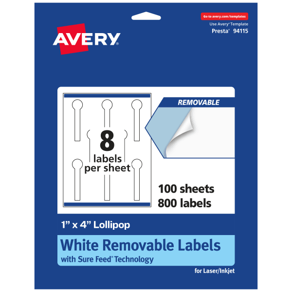 Avery Removable Labels With Sure Feed, 94115-RMP100, Lollipop, 1in x 4in, White, Pack Of 800 Labels