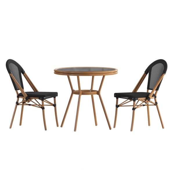 Flash Furniture Marseille Indoor/Outdoor Commercial Bistro 31.5in Table, Textilene, Glass Top with 2 Stack Chairs, Black Textilene/Natural Frame