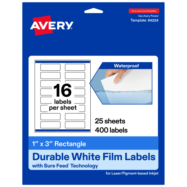 Avery Waterproof Permanent Labels With Sure Feed, 94224-WMF25, Rectangle, 1in x 3in, White, Pack Of 400