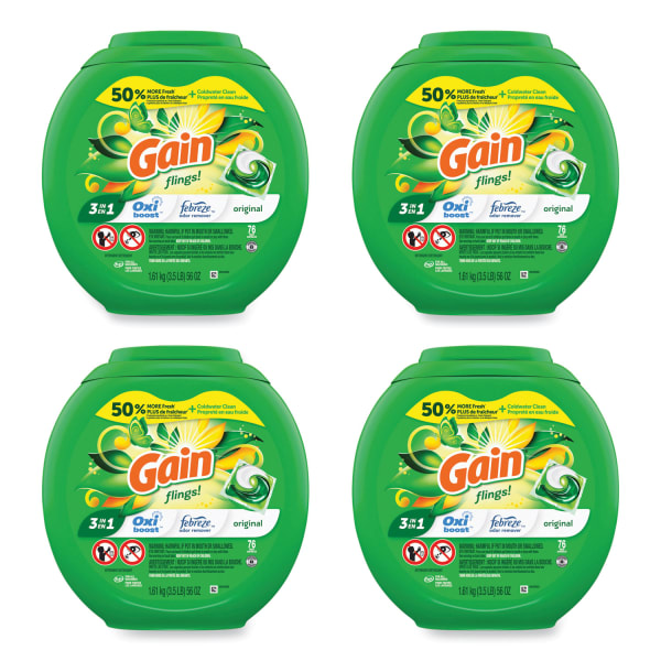Gain flings Detergent Pods, Original, 76 Pods/Tub, 4 Tubs/Carton