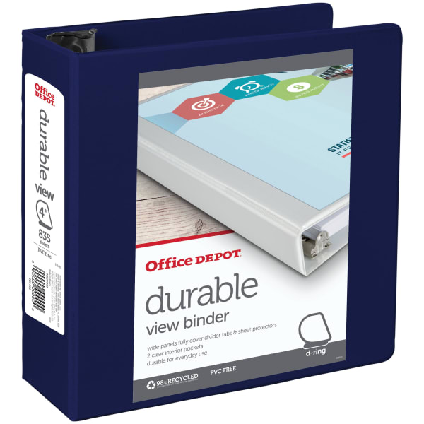 Office Depot Brand Durable View 3-Ring Binder, 4in D-Rings, Blue