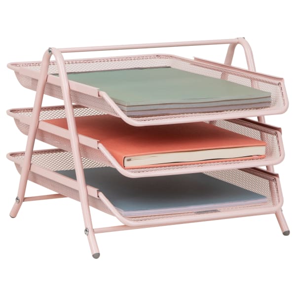 Mind Reader 3-Tier Paper Tray Desktop Organizer File Storage, 10inH x 13-3/4inW x 11-3/4inD, Pink