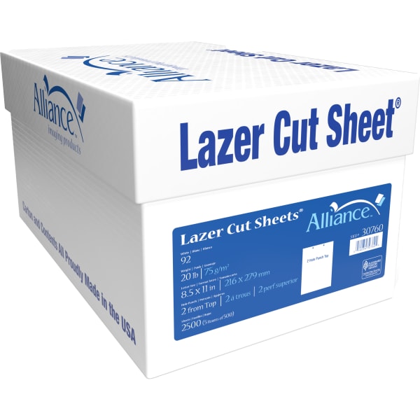 Alliance Processed Lazer Cut Sheet Copy Paper, 5 Reams, White, 8-1/2in x 11in, 2-Hole Punch, 92+ Bright, 20 Lb, White, 500 Sheets Per Ream