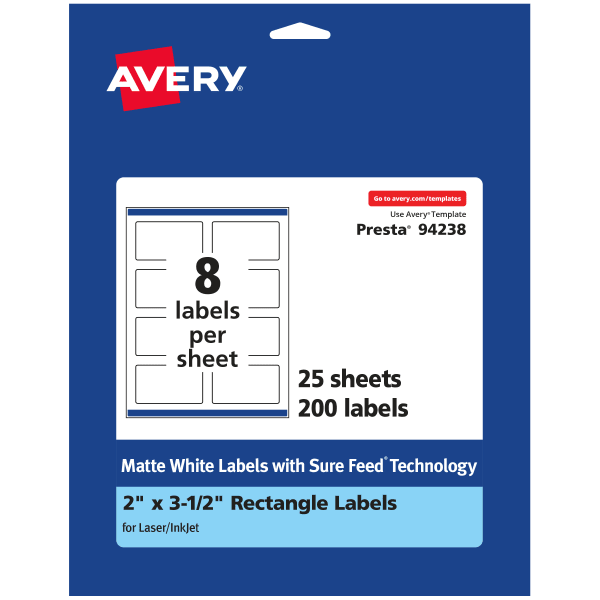 Avery Permanent Labels With Sure Feed, 94238-WMP25, Rectangle, 2in x 3-1/2in, White, Pack Of 200