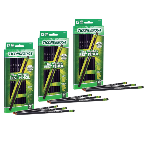 Ticonderoga Wood-Cased Pencils, #2 Soft, Black, 12 Pencils Per Pack, Set Of 3 Packs