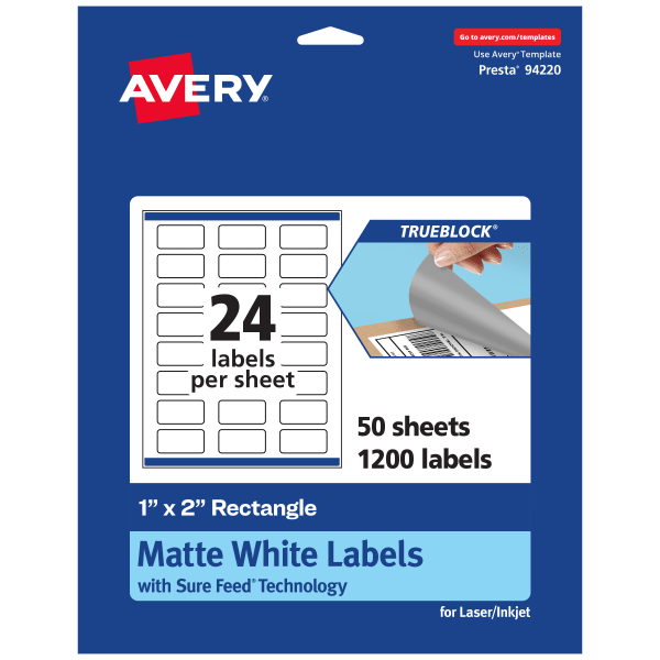 Avery Print-To-The-Edge TrueBlock Labels With Sure Feed, 94220-TWMP50, Rectangle, 1in x 2in, Matte White, Pack Of 1200