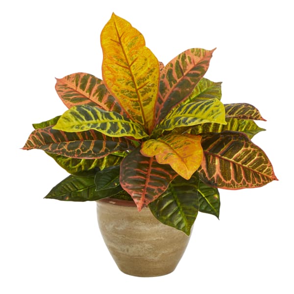 Nearly Natural Garden Croton 15inH Artificial Plant With Ceramic Planter, 15inH x 13inW x 7inD, Orange/Natural