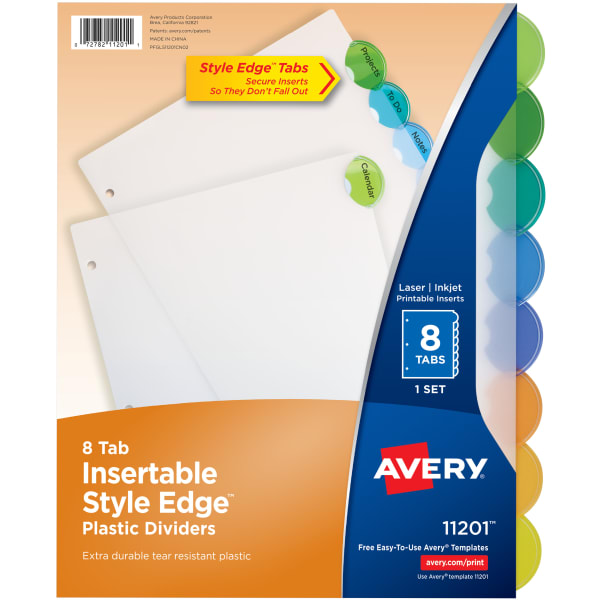 Avery Style Edge Insertable Plastic Dividers, Multicolor, 8-Tab, Pack Of 8 Dividers