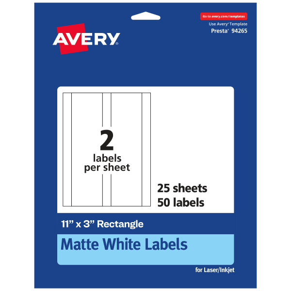 Avery Permanent Labels, 94265-WMP25, Rectangle, 11in x 3in, White, Pack Of 50
