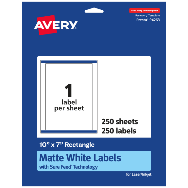 Avery Permanent Labels With Sure Feed, 94263-WMP250, Rectangle, 10in x 7in, White, Pack Of 250