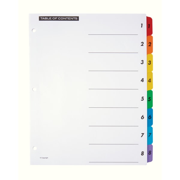 Office Depot Brand Table Of Contents Customizable Index With Preprinted Tabs, Multicolor, Numbered 1-8, Pack Of 6 Sets