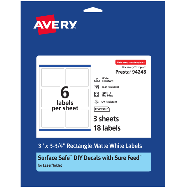 Avery Durable Removable Labels With Sure Feed, 94248-DRF3, Rectangle, 3in x 3-3/4in, White, Pack Of 18