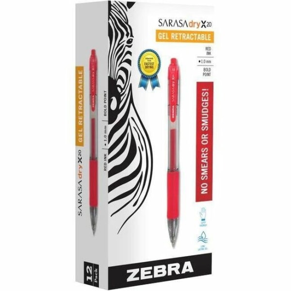 Zebra Pen SARASA X20 Retractable Gel Pens, Pack Of 12, Bold Point, 1.0 mm, Translucent Barrel, Red Ink
