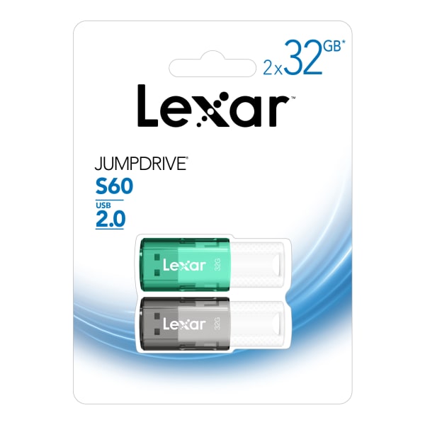 Lexar JumpDrive S60 USB 2.0 Flash Drives, 32GB, Black/Teal, Pack Of 2 Flash Drives, LJDS60-32GB2NNU