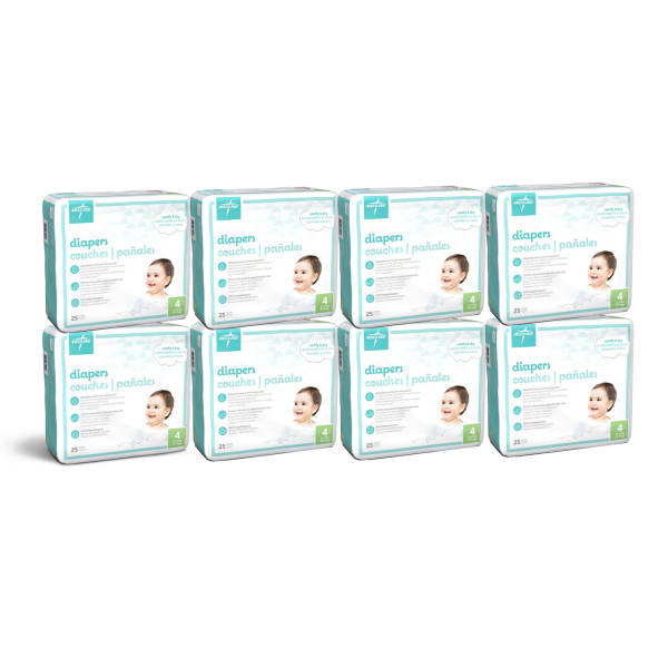 Medline KinderCare Disposable Baby Diapers, Size 4, 22-37 Lb, White, 25 Diapers Per Pack, Case Of 8 Packs