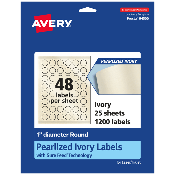 Avery Pearlized Permanent Labels With Sure Feed, 94500-PIP25, Round, 1in Diameter, Ivory, Pack Of 1,200 Labels