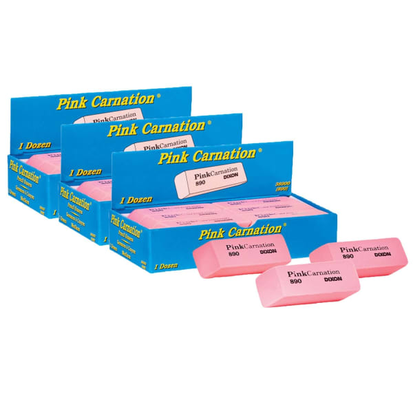 Dixon Medium Erasers, 2-5/16in x 13/16in x 7/17in, Pink Carnation, Pack Of 12 Erasers, Set Of 3 Packs