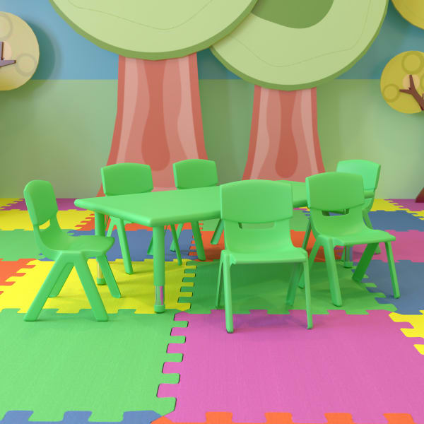 Flash Furniture Plastic Height-Adjustable Rectangular Activity Table with 6 Chairs, 23-1/2inH x 24ft"W x 48ft-d, Green