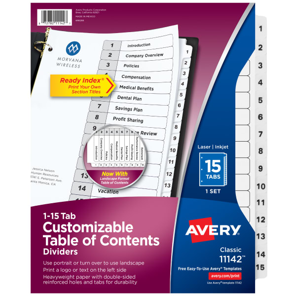 Avery Ready Index 1-15 Tab With Customizable Table Of Contents Dividers, Letter Size, 15 Tab, White, 1 Set