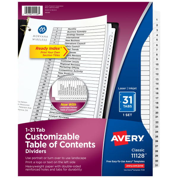 Avery Ready Index 1-31 Tab With Customizable Table Of Contents Dividers, Letter Size, 31 Tab, White, 1 Set