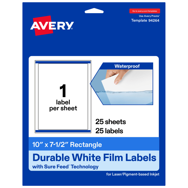 Avery Waterproof Permanent Labels With Sure Feed, 94264-WMF25, Rectangle, 10in x 7-1/2in, White, Pack Of 25