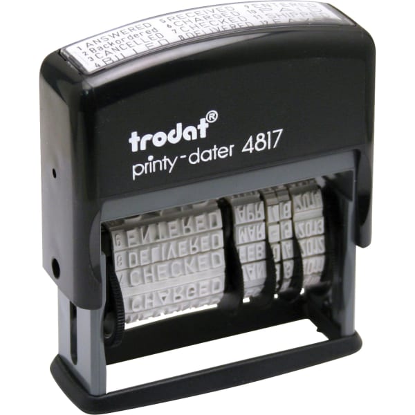 Trodat 12-Message Business Stamp - Message Stamp - ANSWERED, BACKORDERED, CANCELLED, BILLED, RECEIVED, CHARGED, CHECKED, DELIVERED, ENTERED, PAID, SHIPPED, .. - 0.38in Impression Width - 10000 Impression(s) - Black - Plastic Plastic - Recycled - 1 Each