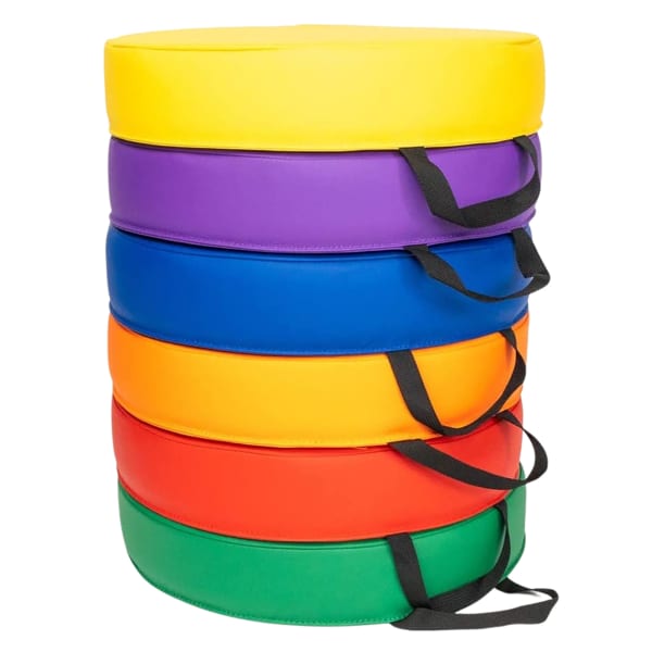 Bintiva Color Coded Vinyl Floor Cushions, 15in x 15in x 2in, Round, Assorted, Set Of 6