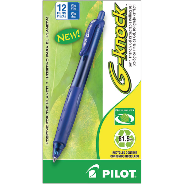 Pilot G-Knock BeGreen Gel Rollerball Pen, Fine Point, 0.7 mm, Blue Barrel, Blue Ink, Pack Of 12