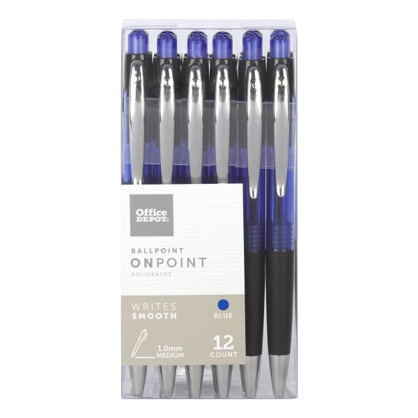 Office Depot Brand Soft-Grip Retractable Ballpoint Pens, Medium Point, 1.0 mm, Blue Barrel, Blue Ink, Pack Of 12