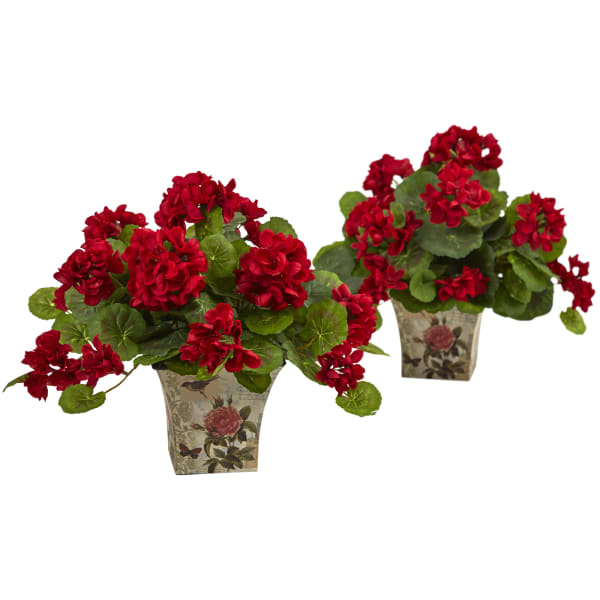 Nearly Natural 11inH Silk Geranium Flowering Plants With Floral Planters, 11inH x 13inW x 11inD, Set Of 2 Plants